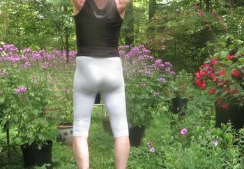 Male slut in tight capri leggings.